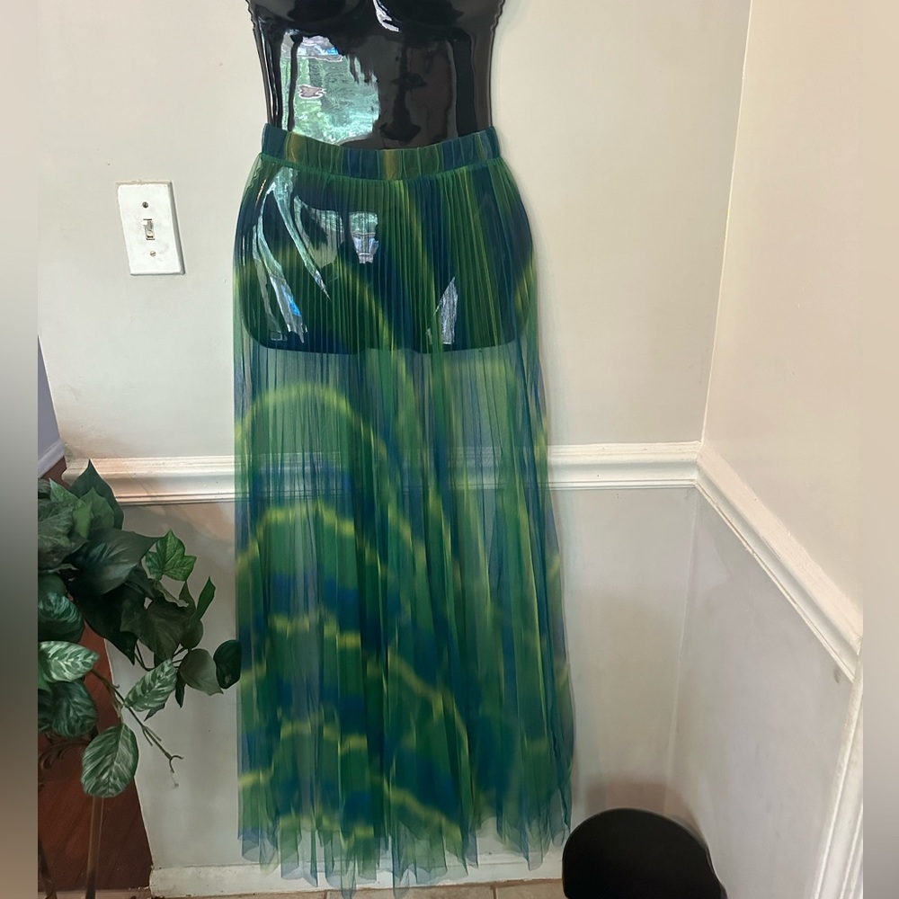 Rainbow Pleated Sheer Maxi Skirt - Green